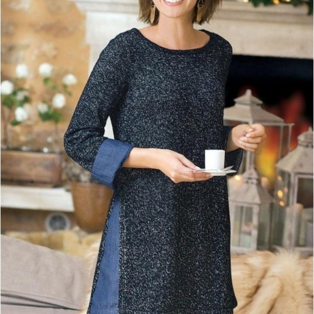 Soft Surroundings Tunic Sweater Bexley Linen Blend Chambray‎ Side Slit PETITE L